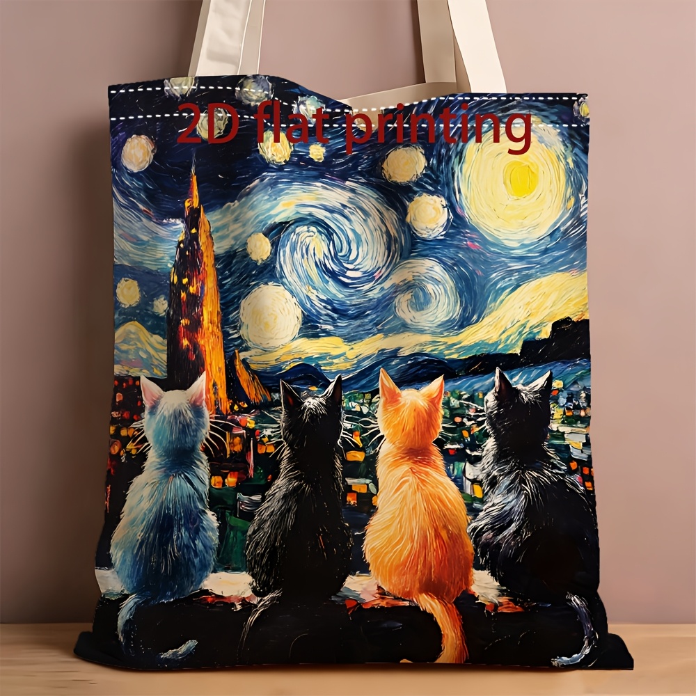 TEMU 1pc Unisex Handbag/tote Bag For Men And Women - 2d Flat Starry Sky With Cat Print - Literary Enthusiasts' Daily Reading Storage, Book Festival