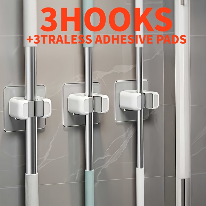TEMU 6pcs (3pcs Hooks And 3pcs Tacky Pads) Wall-mounted Mop And Broom Holder - Strong Plastic Storage Clip And Broom Hook, Space-saving Vertical