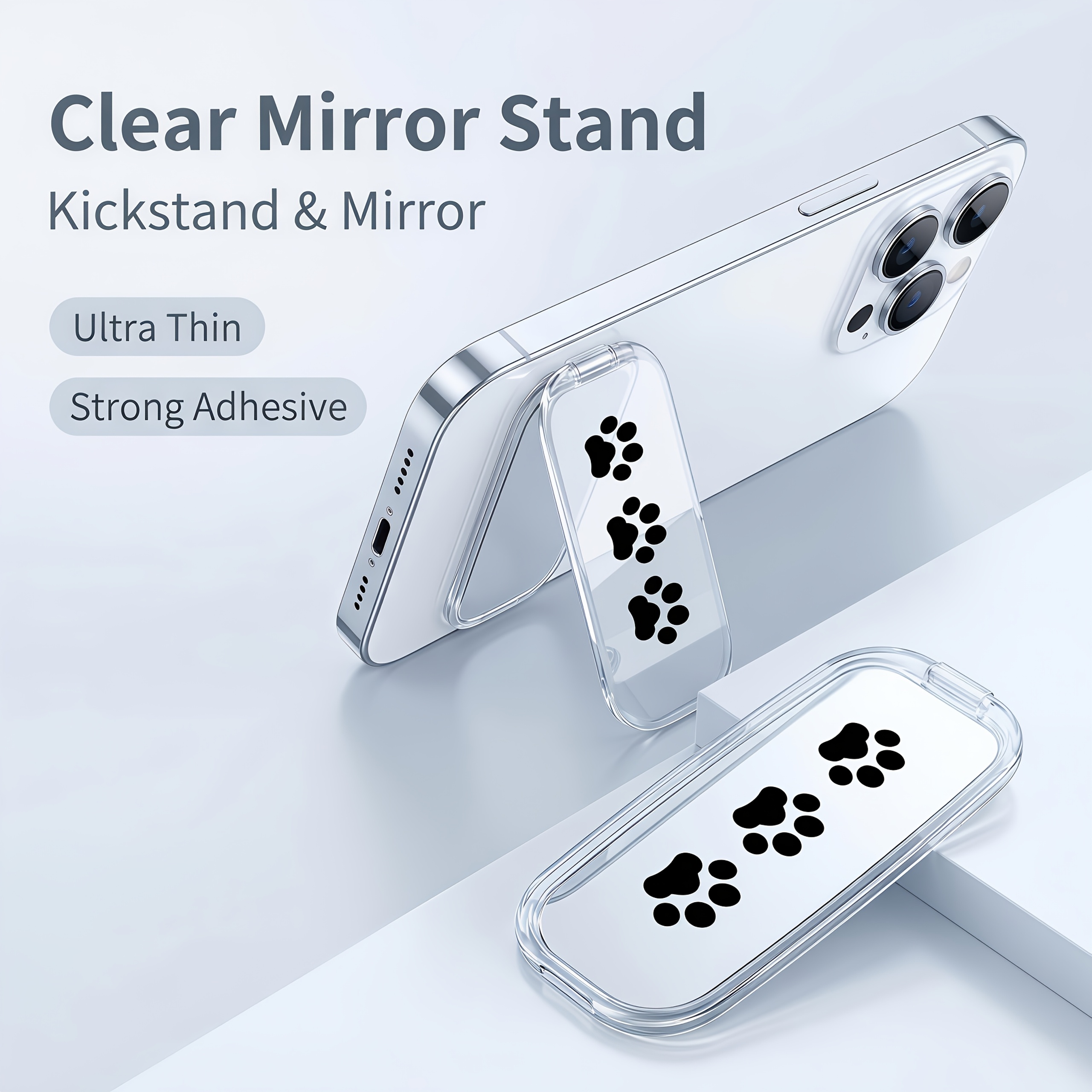 Black Cat Paw Print Pattern Transparent Phone Stand, Foldable