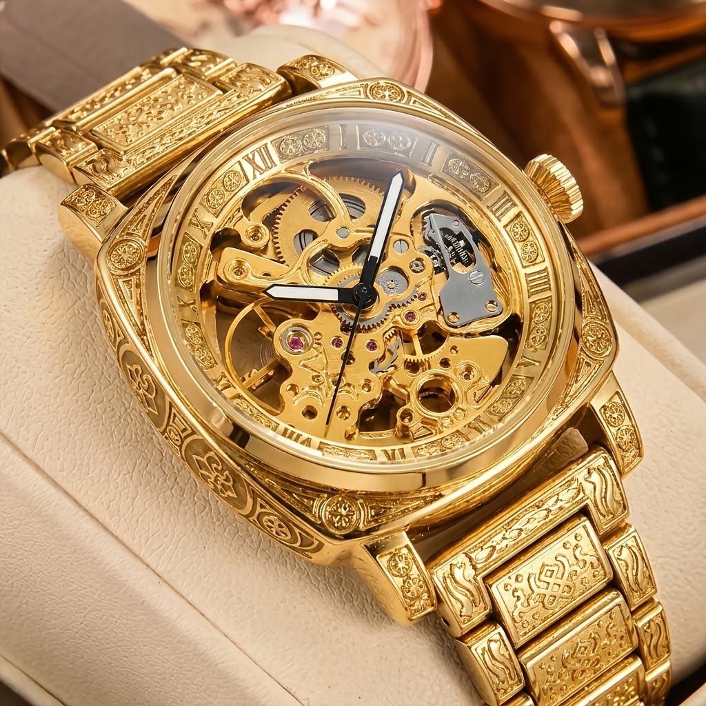TEMU 1pc Men's Yellow Steel Strip Versatile Carved Roman Fully Automatic Mechanical Watch
