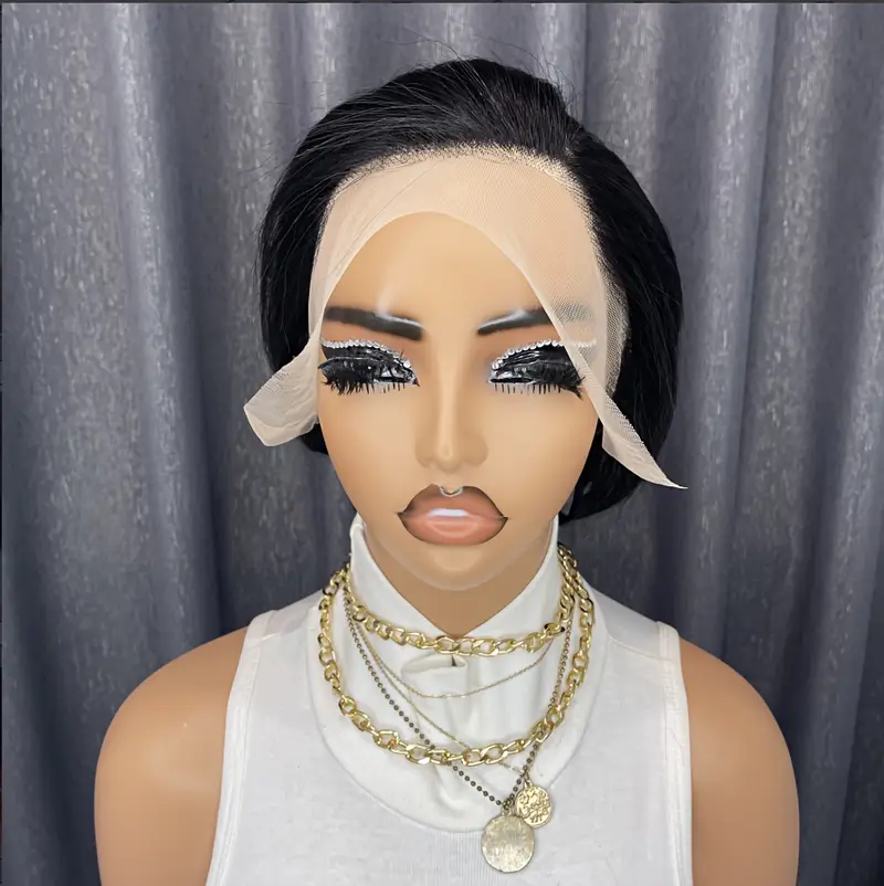 chic cut human hair wig for women 6 inch short bob with t part lace frontal 180 density glueless side part bangs straight style 13x4x1 lace area african american women details 3