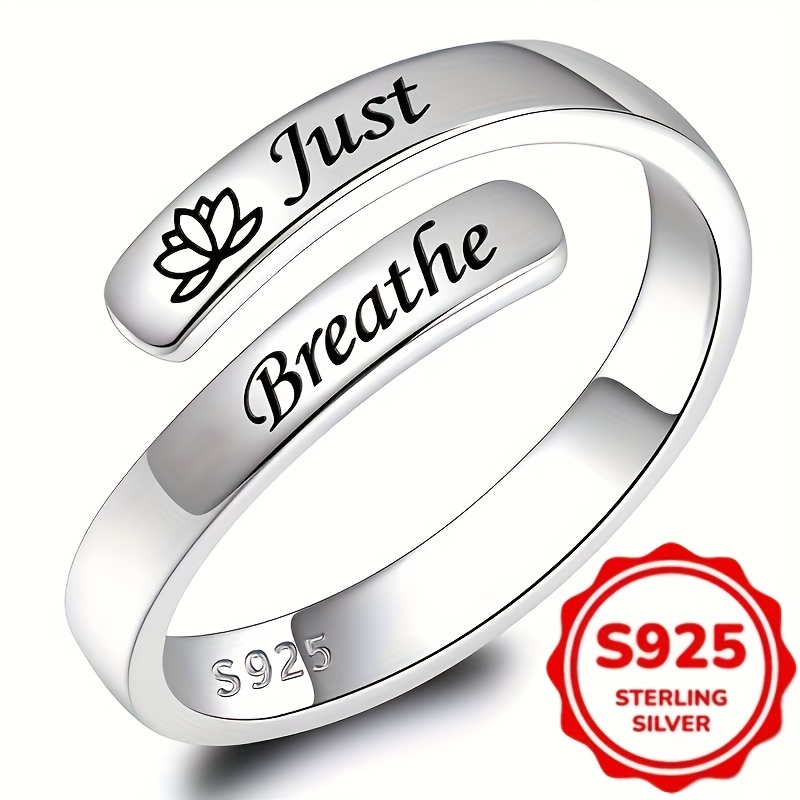 TEMU 1 Adjustable S925 Sterling Silvery Ring, Suitable For Women, "just Breath" For Lotus Carving, 1.91 Grams, Simple , Daily Casual Yoga Accessory,