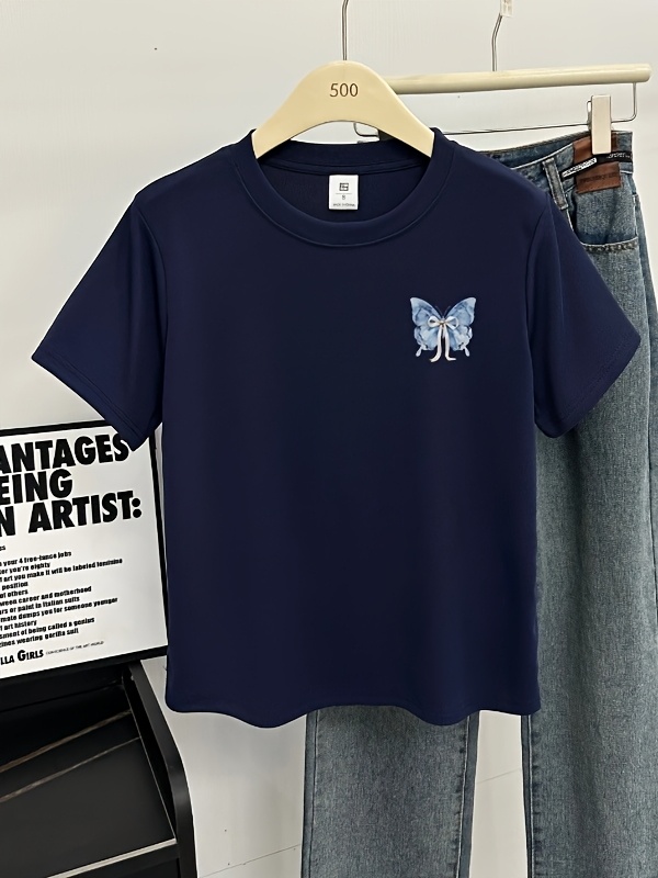 womens   fit   print t shirt hangin   with blue brown butterflies casual short sleeve top for spring summer   shirt Product details 5