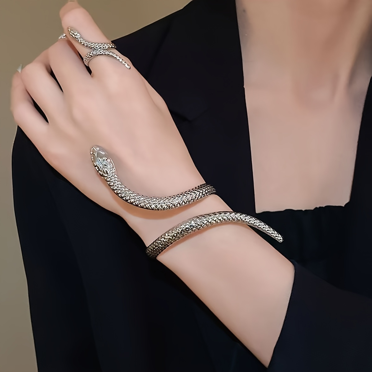 Snake Shaped Adjustable Bracelet Ring Set
