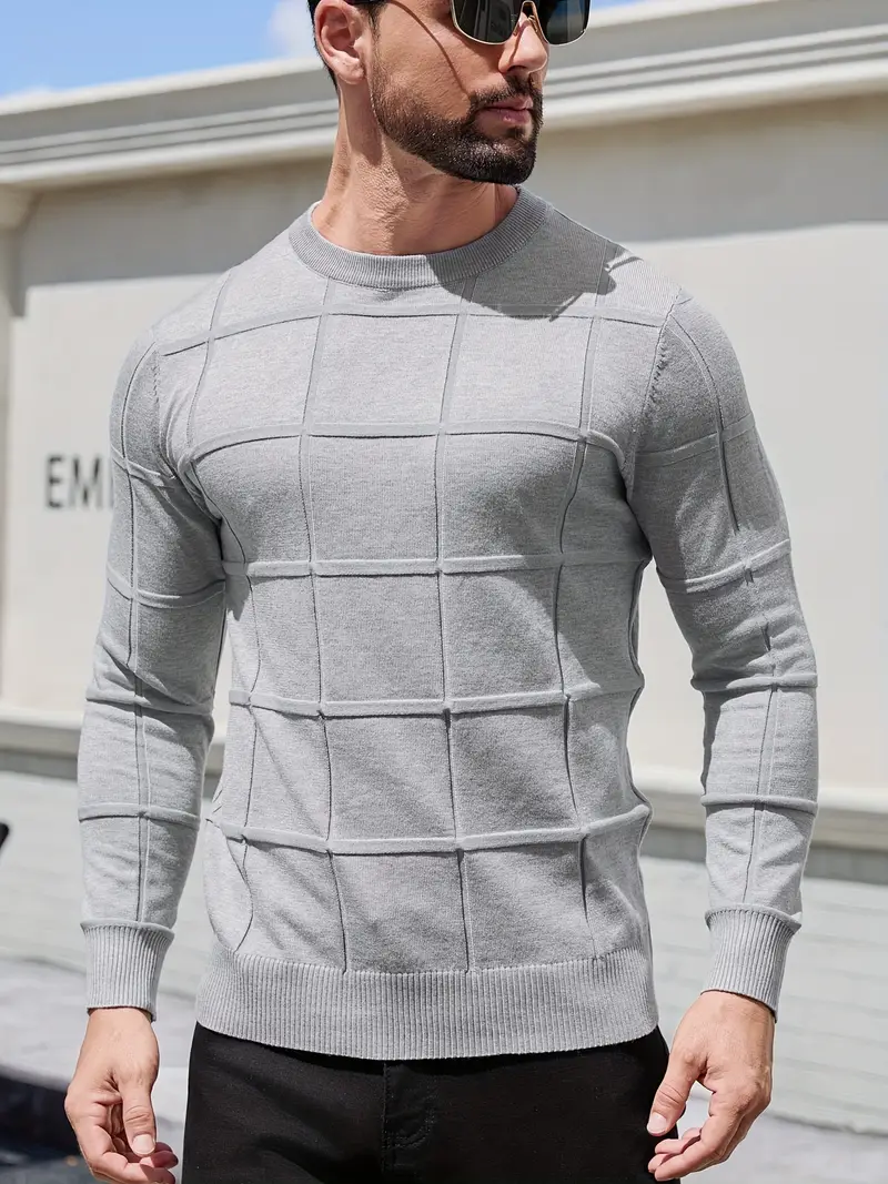 mens heavyweight 100 polyester sweater solid grey round neck long sleeve pullover with h shape silhouette ribbed neckline machine washable casual formal wear durable everyday layering essential Product details 35