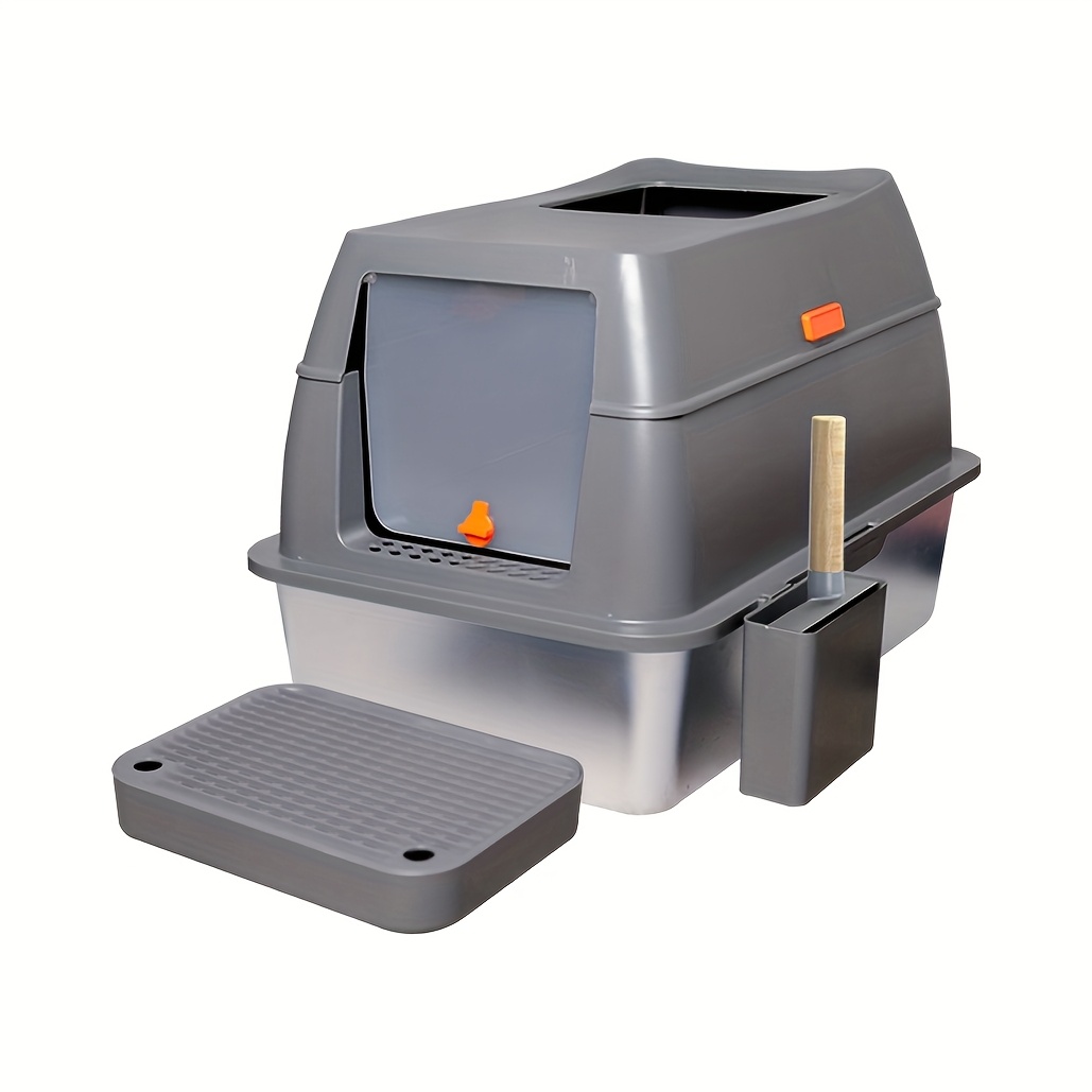 E-shop 65L Edelstahl-Katzentoilette: Geschlossene Katzentoilette mit Edelstahl-Schublade, Toilettenbox mit vorderem oben liegendem Ausstieg Deckel für