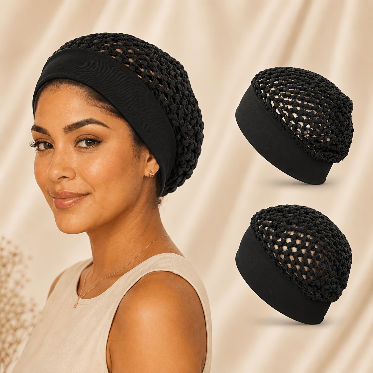 TEMU Juego de 2 piezas de gorro-red para el pelo tipo de croché de banda ancha para mujer, de 7 cm de elasticidad que se mantiene en su , cubierta de
