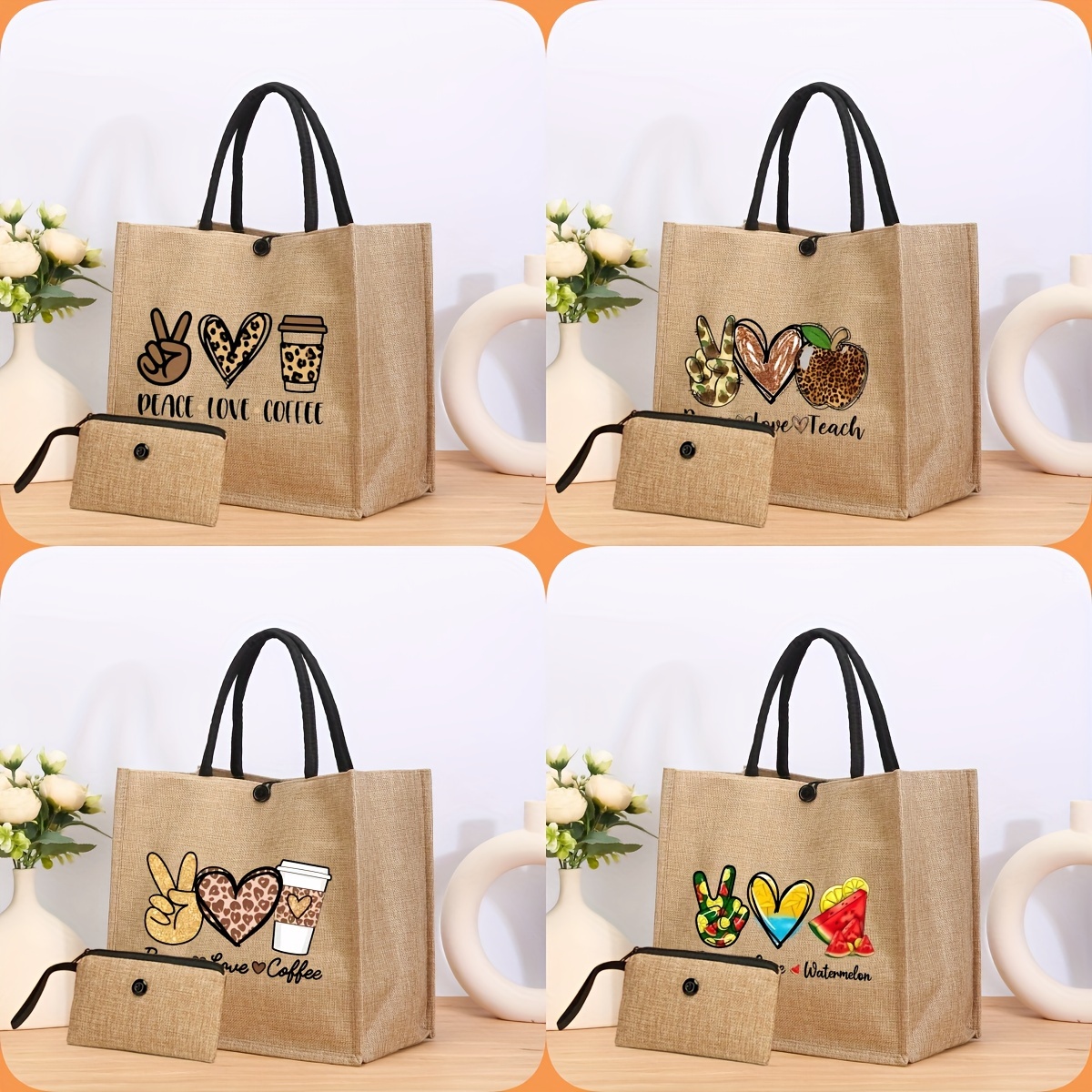 

2pcs Elegant Ladies Hand Tote Bag With Coin Wallet, Coffee Print Pattern Bag For Shopping Outfits