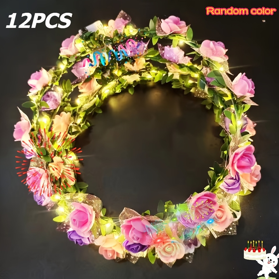 12pcs Led Flower Crown Headband Set - Multicolor Glowing Wreaths With Vibrant Flowers And Leaves, Ideal For Christmas, Halloween, Weddings, Beach Parties, And Birthdays