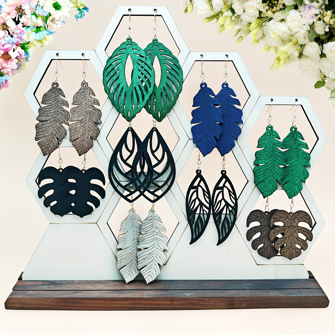 Wooden Cutout Floral Pattern Earrings Set - Natural Choice