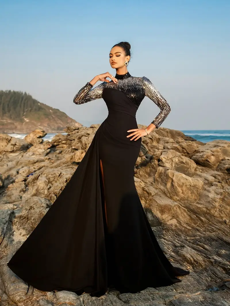 long sleeve turtleneck sequin dress Bltiby Turtleneck Sequin Dress for Women Irregular Mesh Patchwork Hollow Out Ball Gown Glitter Evening Dress Slim Fit Long Sleeve Dresses Silver S,