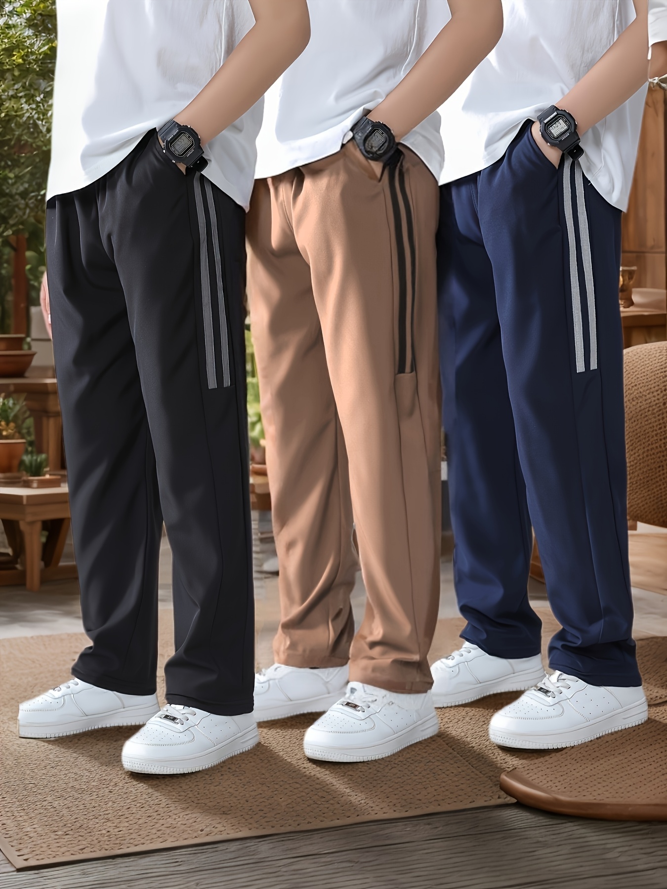 [3-Pc] Boys' Casual Elastic Waist Comfortable Active Sports Pants, Breathable Running Athletic Casual Trousers with Pockets, Kids' Outdoor Wear, Black, Navy And Burgundy 3pcs Set, for Outdoor