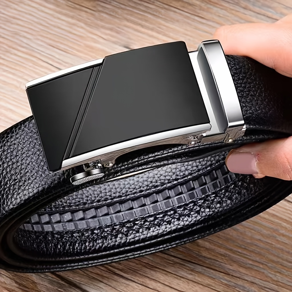 TEMU Men's Business Automatic Belt, Textured Pu Strap Flexible And Durable, Slots Automatic Smooth Non-slip, Classic Easy Design, Suitable For