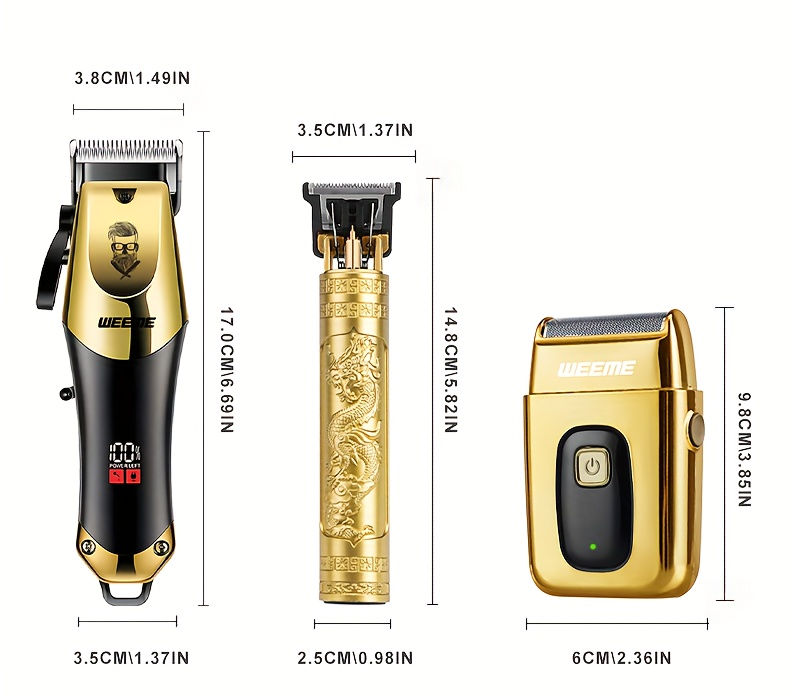 WEEME 3pcs Men's electric hairdresser set, hairdresser hairdresser set, household electric hairdresser set, USB charging electric hairdresser, alloy knife head, LCD display, carving shape, household car travel use, Father's Day gift