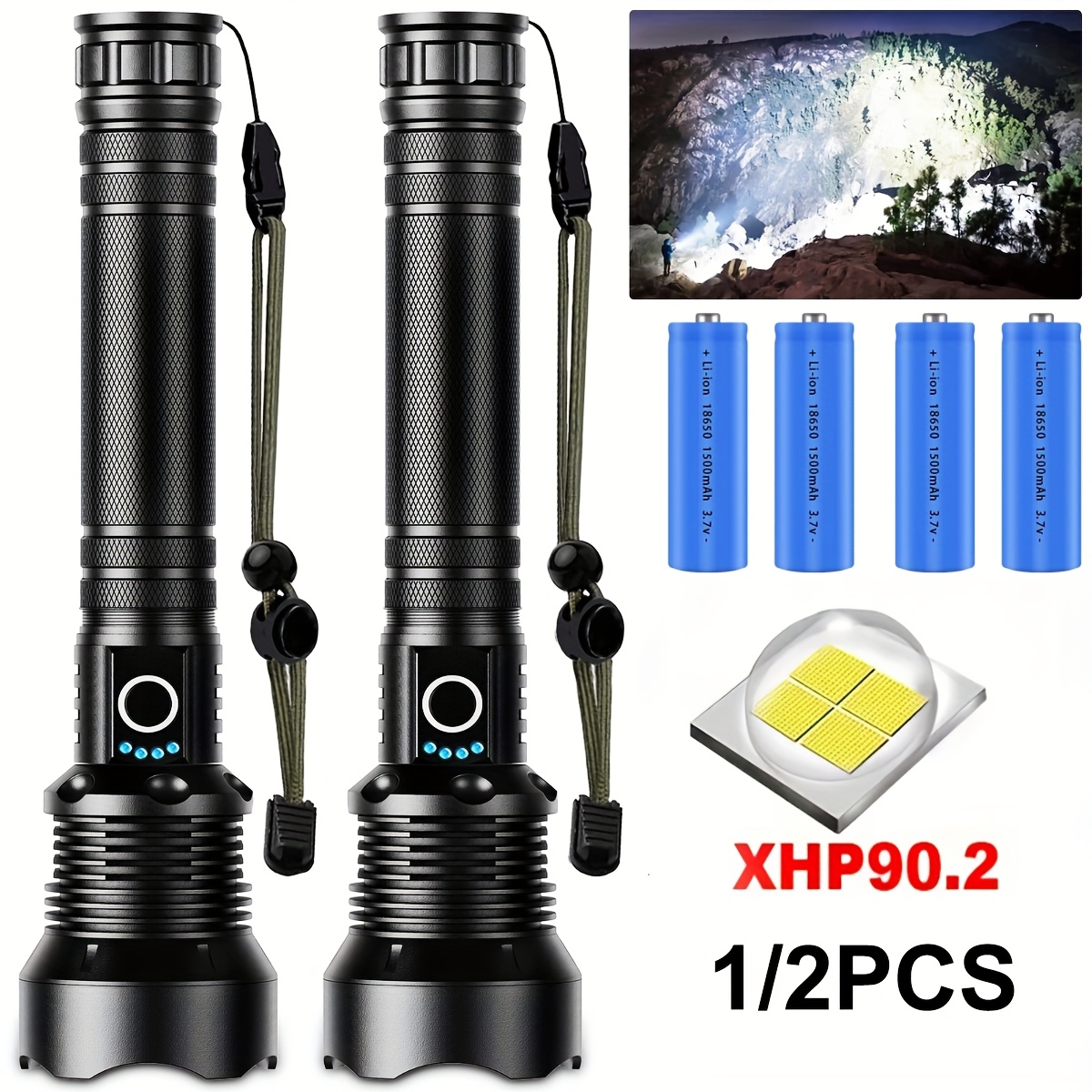 

1/2pcs Axiwointl Xhp90.2 Led Flashlight, Rechargeable High With 3 , 2000mah Batteries, Usb Cable, Non-waterproof, Battery Powered For Hunting, Camping, Emergency