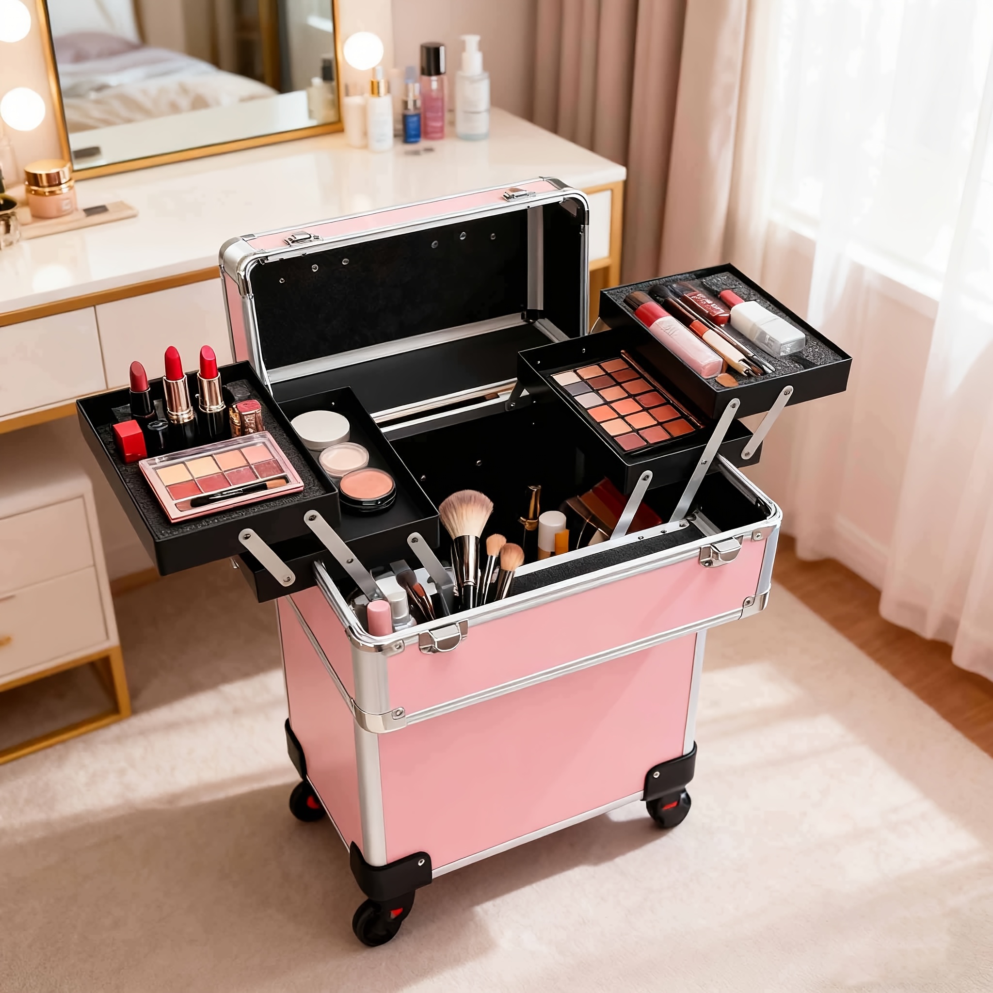 Professionele Grote Vergrendelbare Make-up Trolley met 360° Draaibare Wielen & Roze/Zwart Design