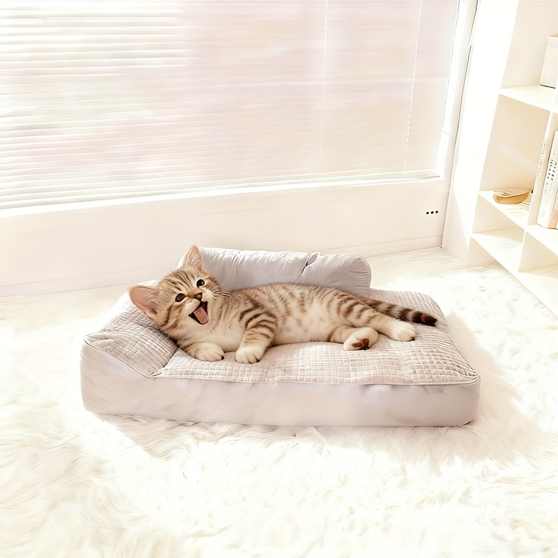Image of Soft Rectangular Pet Dog Bed | Fluffy Polyester Filling & , Durable Grey Striped Mattress, Breathable Summer Warm Winter Cozy Sleeping Bed For Small Medium Large Dogs, Random For Free Extra Large