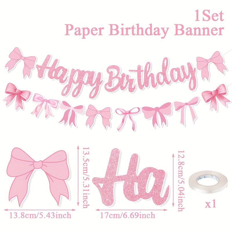 Image of 1set, Banner, Bow Theme Happy Birthday Pull Flag, Pink Bow Paper Birthday Banner, 1st Birthday Party Decor, Baby Shower Party Supplies, Happy Birthday Party Decoration, Party Favor, Wall Hanging Decor