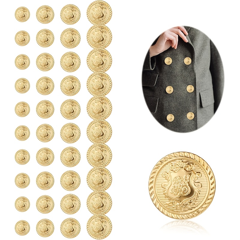 

40pcs Golden Vintage Plastic Blazer Buttons, Metal For Suits, Sport Coats, Uniforms, Jackets - 4 Sizes 15/18/20/25mm