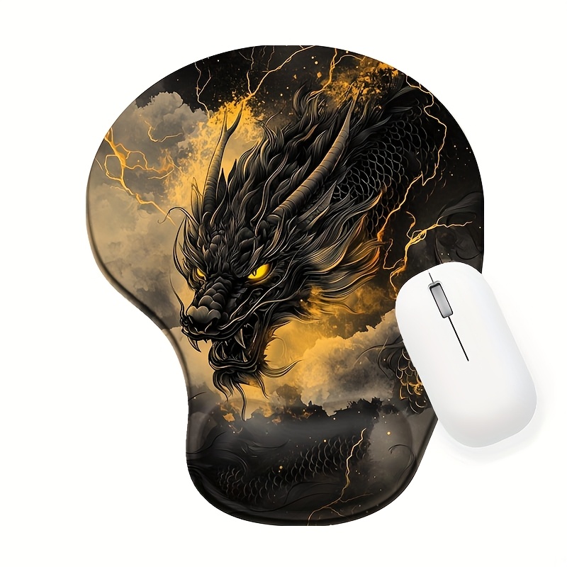 TEMU 1pc 2d Flat Ergonomic Mouse Pad, Japanese Black Dragon, Yellow Lightning Pattern, With Wrist Support, Non-slip Soft Wrist Rest And Gaming Mouse