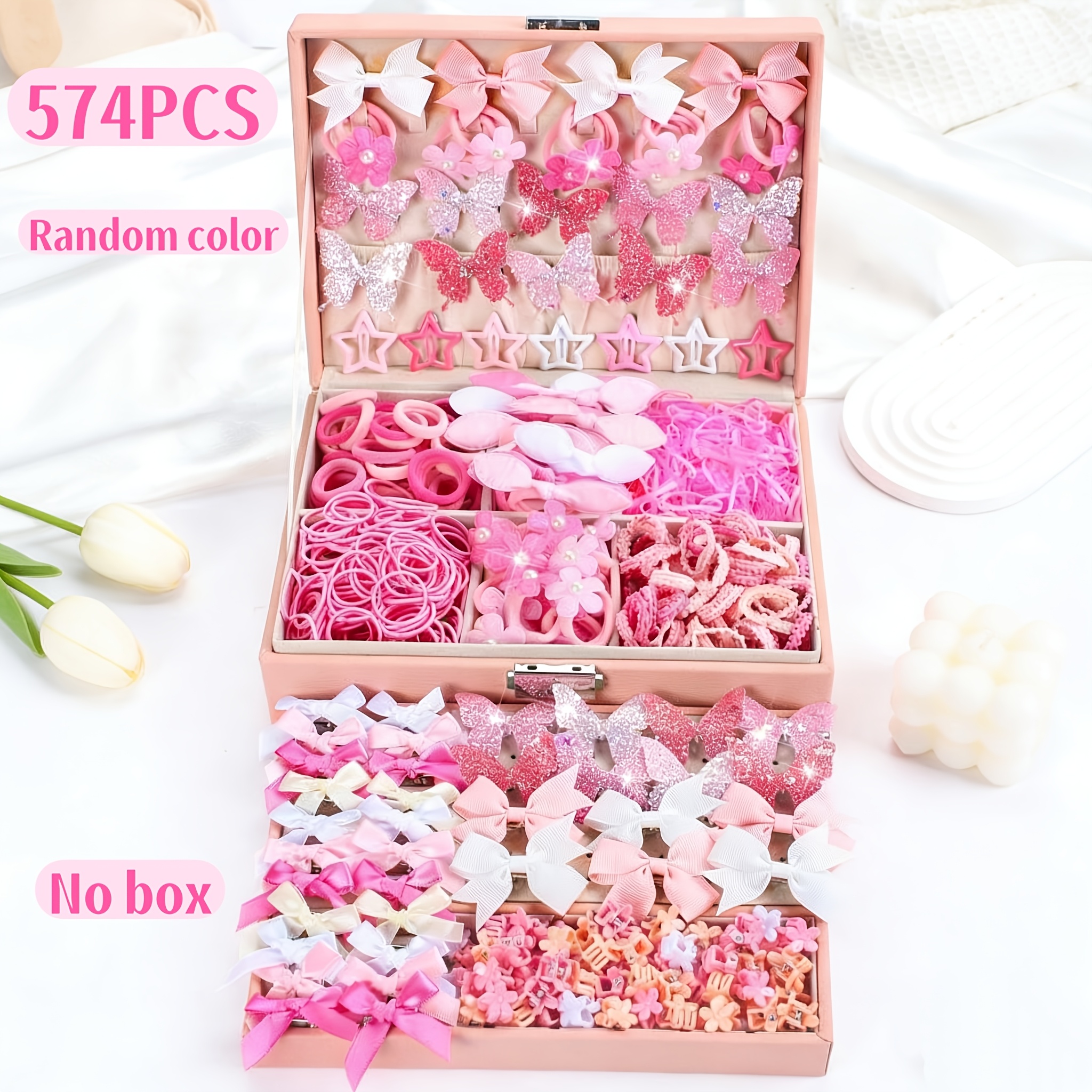 TEMU ensemble d'accessoires pour cheveux roses, kit de 574 pièces, comprenant 536 élastiques à cheveux et 38 adorables pinces à cheveux de couleurs