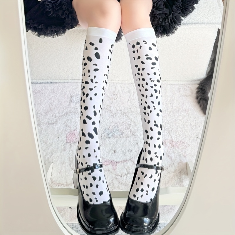 1pair 2026 Trend Women's Black & White Knee-high Calf Socks, Irregular Polka Dot, Y2k Sweet Cool E- Style, Ins Inspired, Unique Layerable Design, Smooth & Anti-snag