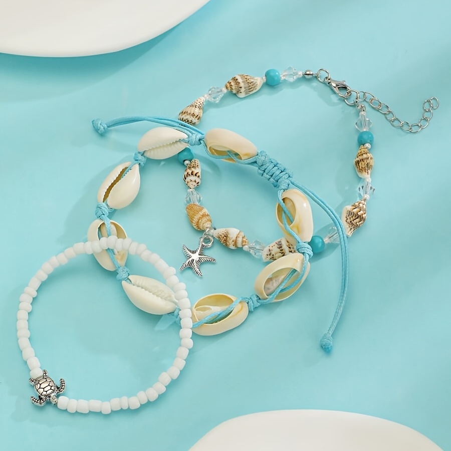 

3 Pcs Set Of Exquisite White Beads Shell Starfish Pendant Bracelet Elegant Bohemian Style For Women Summer Beach