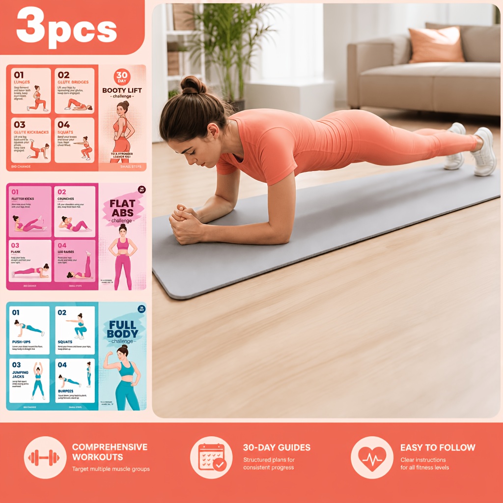 3-Pack 30-Day Fitness Challenge Set - 3 Triple-Workout Charts, Including Daily Progress Tracker, Leg Slimming, Arm Slimm