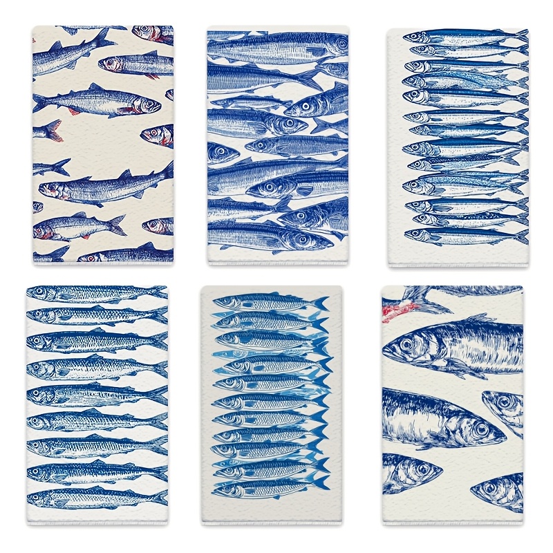Image of 6pcs 6pcs Pack Microfiber Dish Towels Suitable & Bath, Blue Sardine Fish Print With Fish Scale, Absorbent Multi- Cloths For Cooking, Baking, Parties, Contemporary Decorative For Home Use