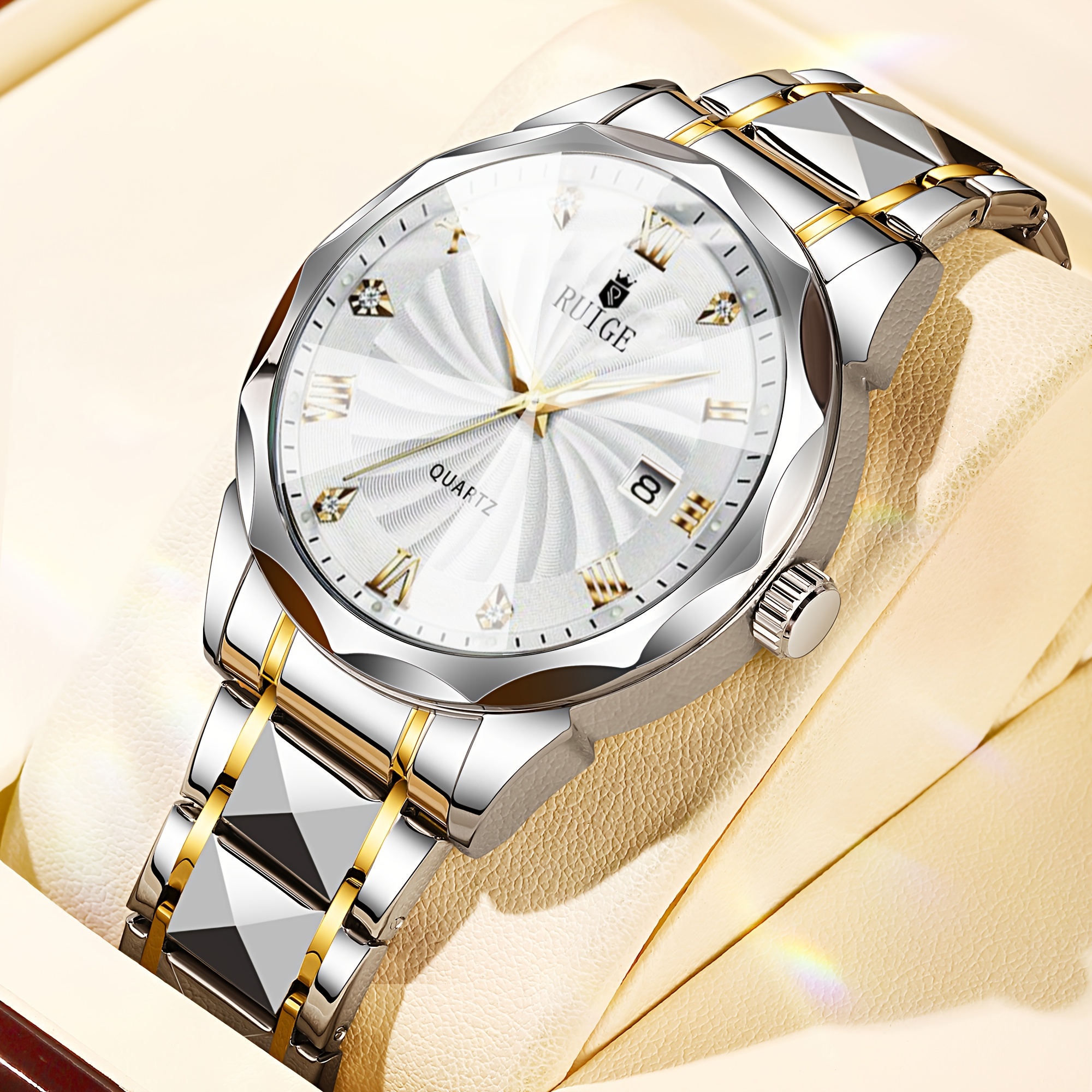 RUIGE Men's Quartz Watch with Night Light, Dual Calendar, Diamond-Shaped Mirror, Stainless Steel Case, Alloy Strap, Multiple Colors