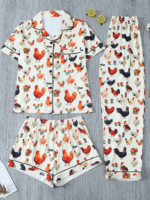 a womens sleepwear set consisting of three pieces a short sleeved button up shirt with a collar loose elastic shorts and long pants featuring a full print of this cool outfit is suitable for summer wear and used as cas