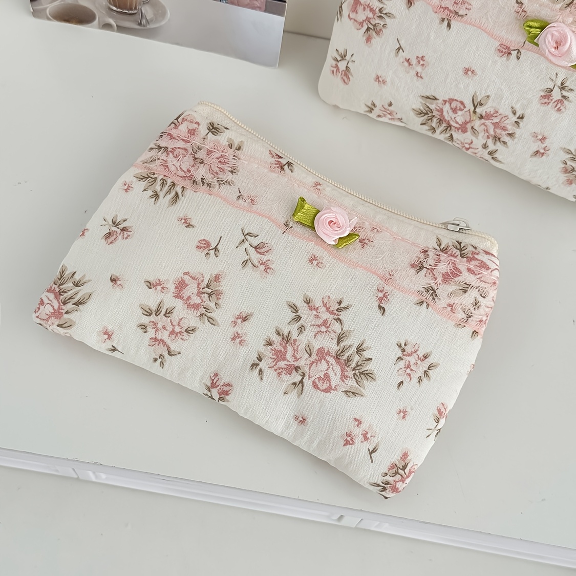 TEMU Lace Floral Print Coin Purse, Ins-style Small Multi-functional Zipper Wallet For Carrying Id, Keys, , Cosmetics, Portable Storage Bag