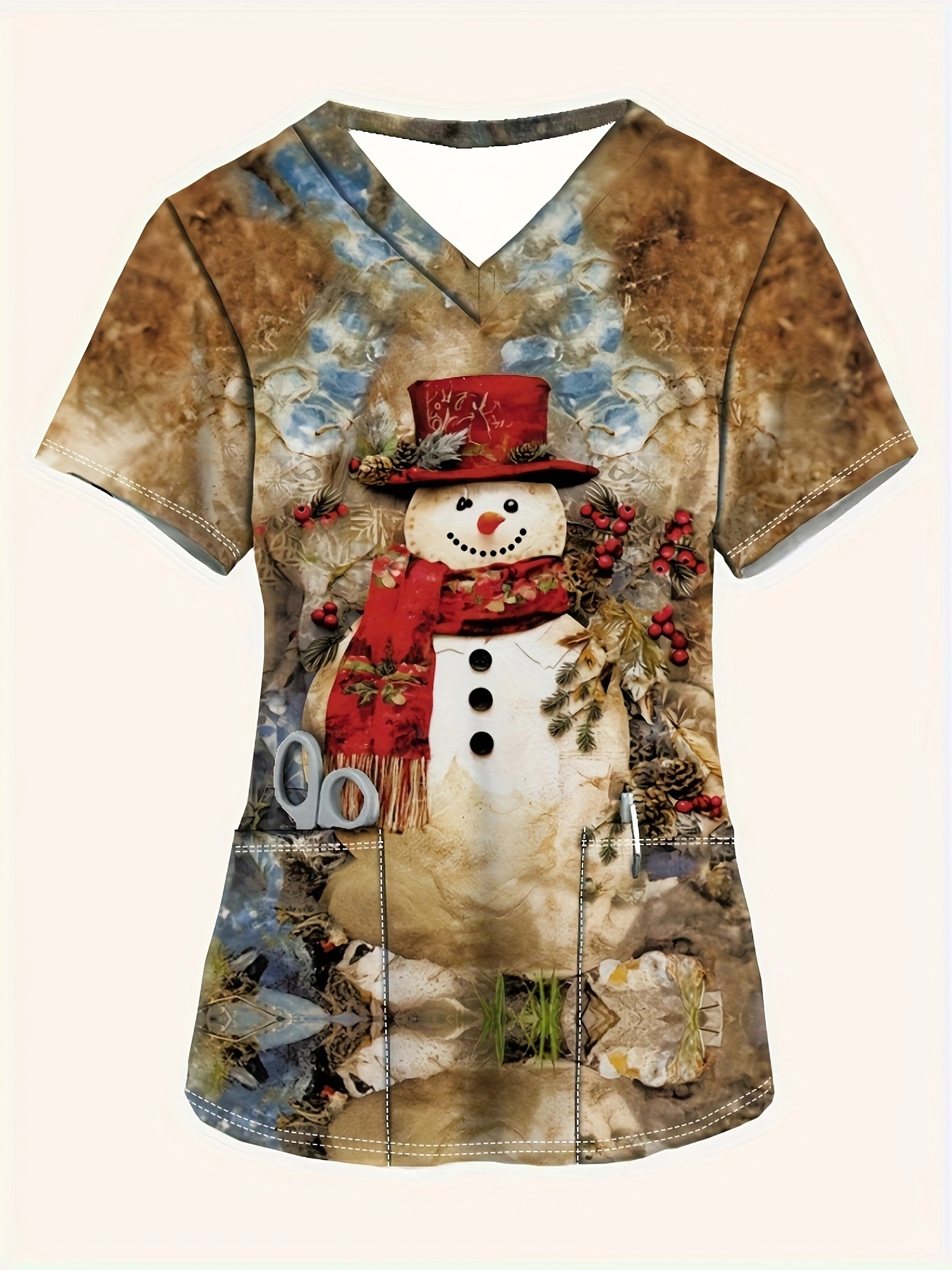 christmas print v neck scrub top comfortable functional Temu