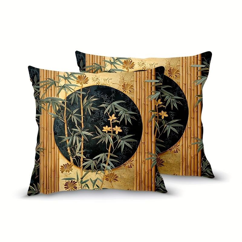 TEMU 2pcs Short Plush Pillow Covers, Traditional Luxury Patterns Bamboo , Throw Cover With Zipper, Double Sided Printing, 18 X18 Inch, Suitable For