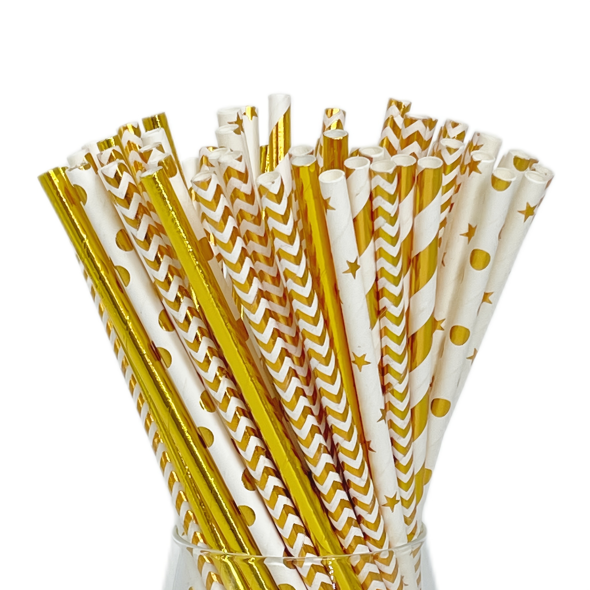 Image of 99pcs 6x150mm Small Size Golden Mixed Color Paper Straws, Disposable Multicolor Straws, Luxury Party Decorations, Wedding Celebration Supplies, Drink Decoration Diy Materials, Random Styles