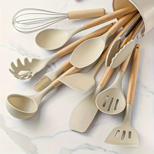 12pcs non stick silicone kitchen utensil set with wooden handles safe easy to for cooking baking perfect back to school or dorm essentials silicone utensils for cooking