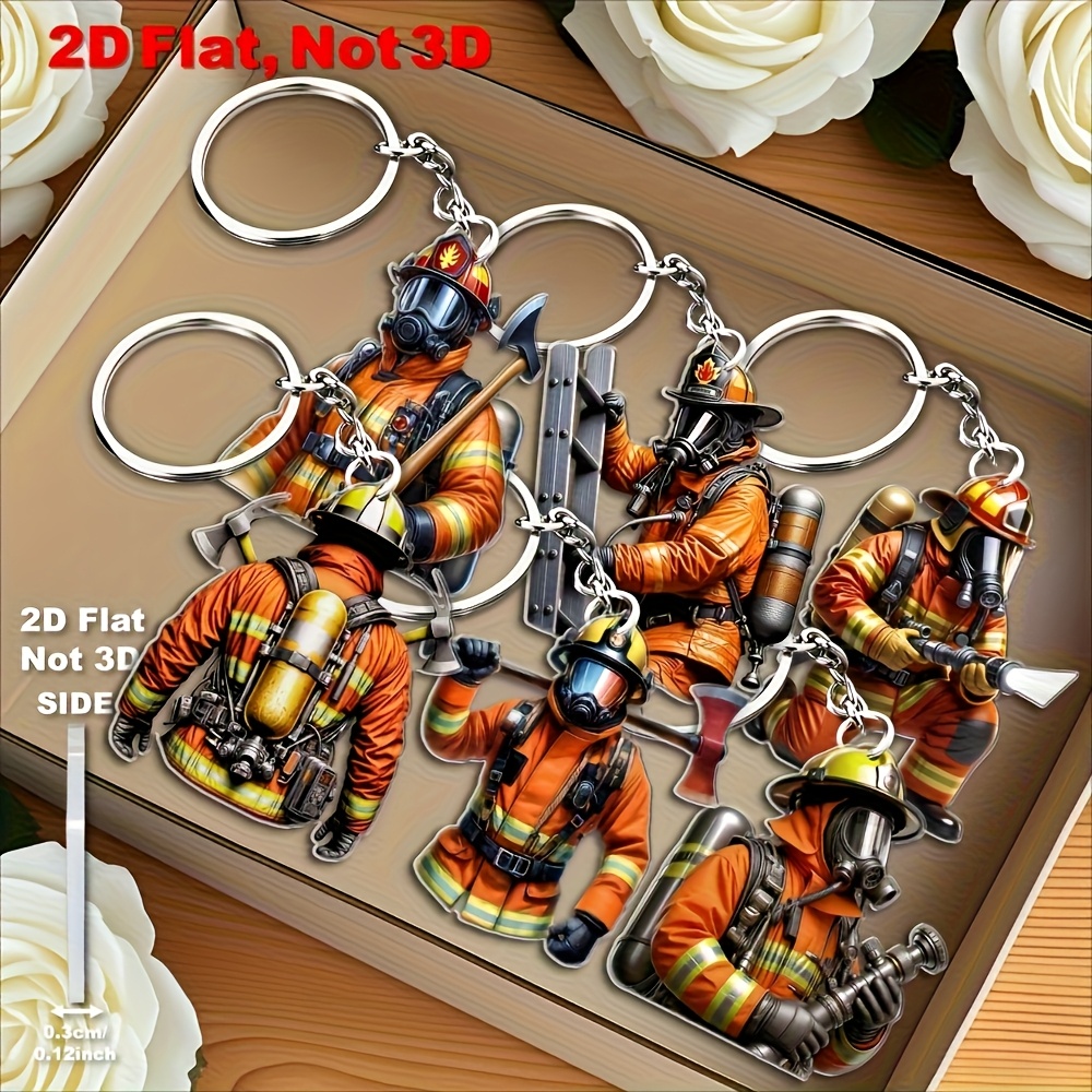 TEMU 2d Flat, 2d Flat, Gift For Her/him A Beautiful [2d Flat Keychain Set] 6pcs Firefighter Keychain | Hero Firefighter Pendant Realistic Design With