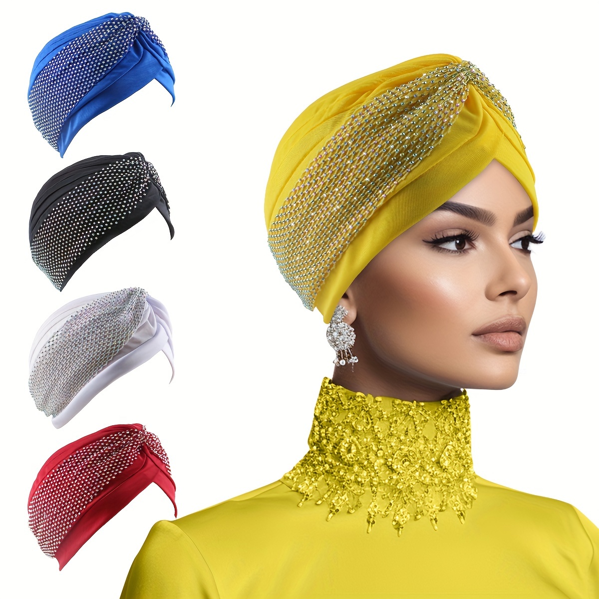 

Elegant Rhinestone Bow Turban Cap For Women - Soft Polyester, Stretch Fit, Lightweight Head Wrap For Chemotherapy Patients