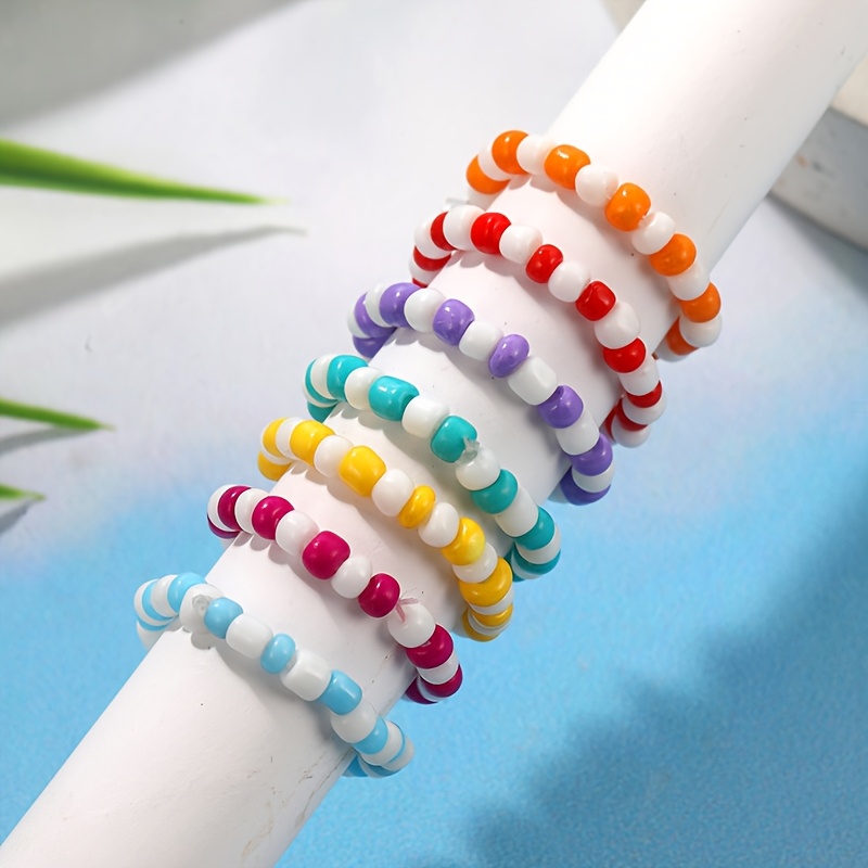 7pcs Cute Woven Candy-Colored Seed Bead Ring Set for Women