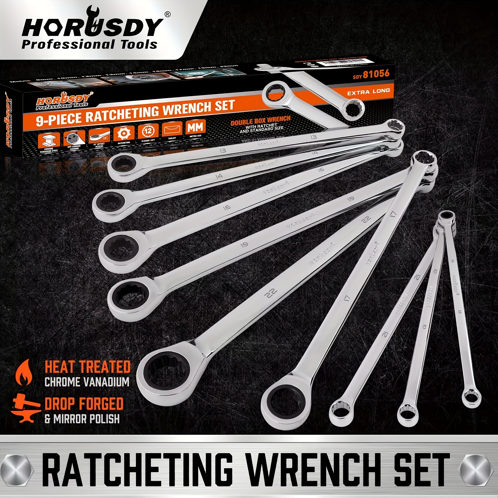 Image of Horusdy 9pcs Extra-long Ratchet Wrench Set, Includes Tool Bag And Box, Metric Sizes 8-22 Mm, Steel Combination Wrench Set