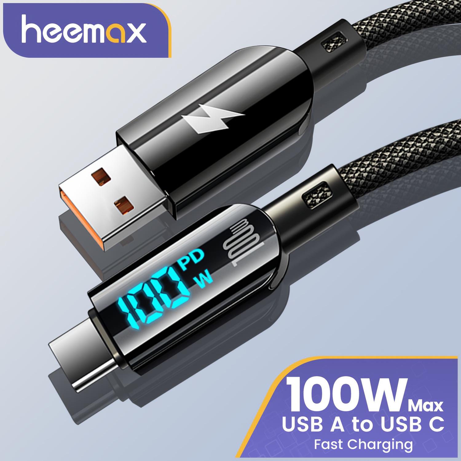 

Heemax 66w/6a Usb A To C Fast Charging Cable With Led Display, Nylon Braided Flat Male To Male, 30-50w Power, Usb Type-c To Usb Connector