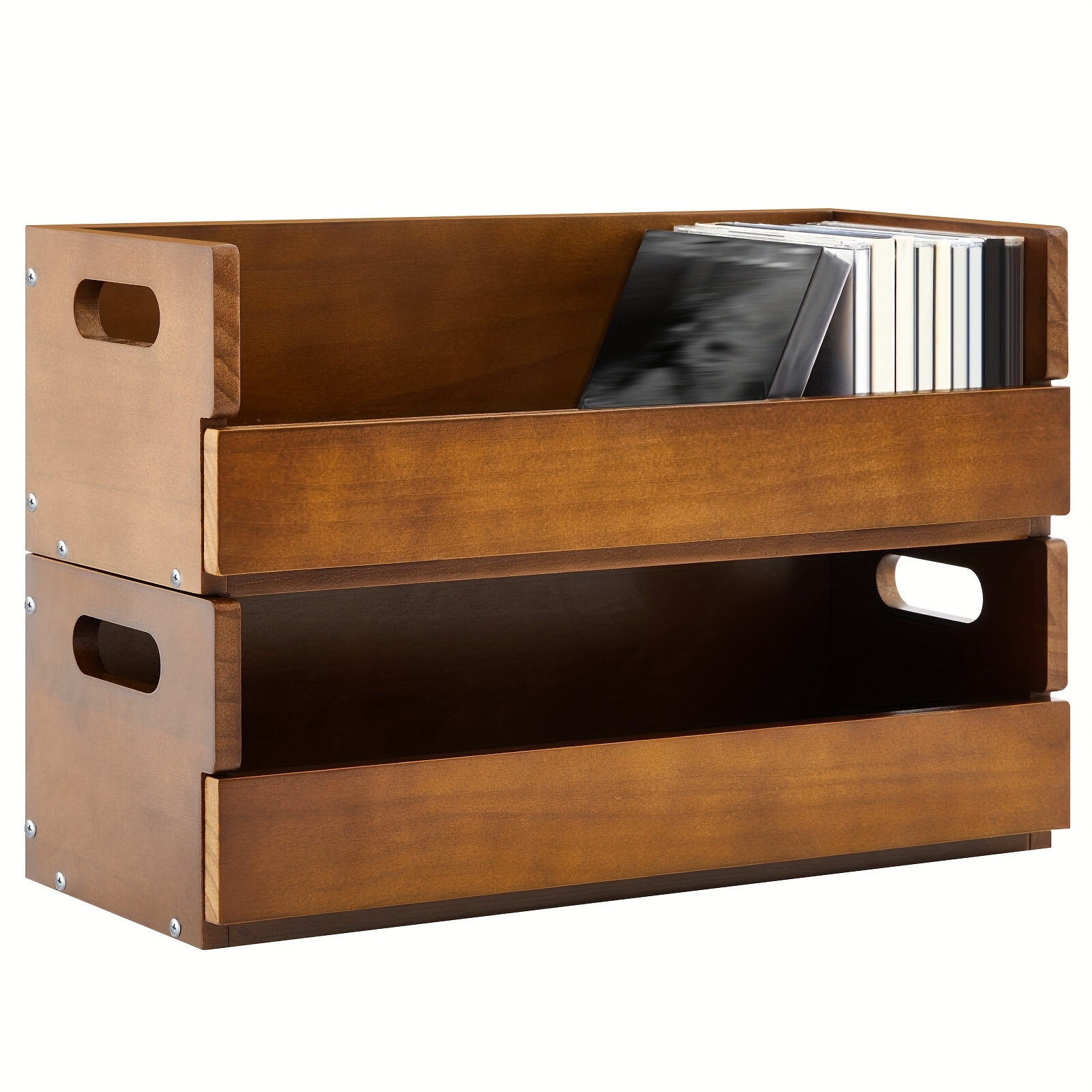 TEMU 2pcs Wooden Cd Storage Box Holder Racks Cassette Tape Display Stand With Carrying Handles, Organizer Shelf For Movie Cases, Dvds, Cd Organizer