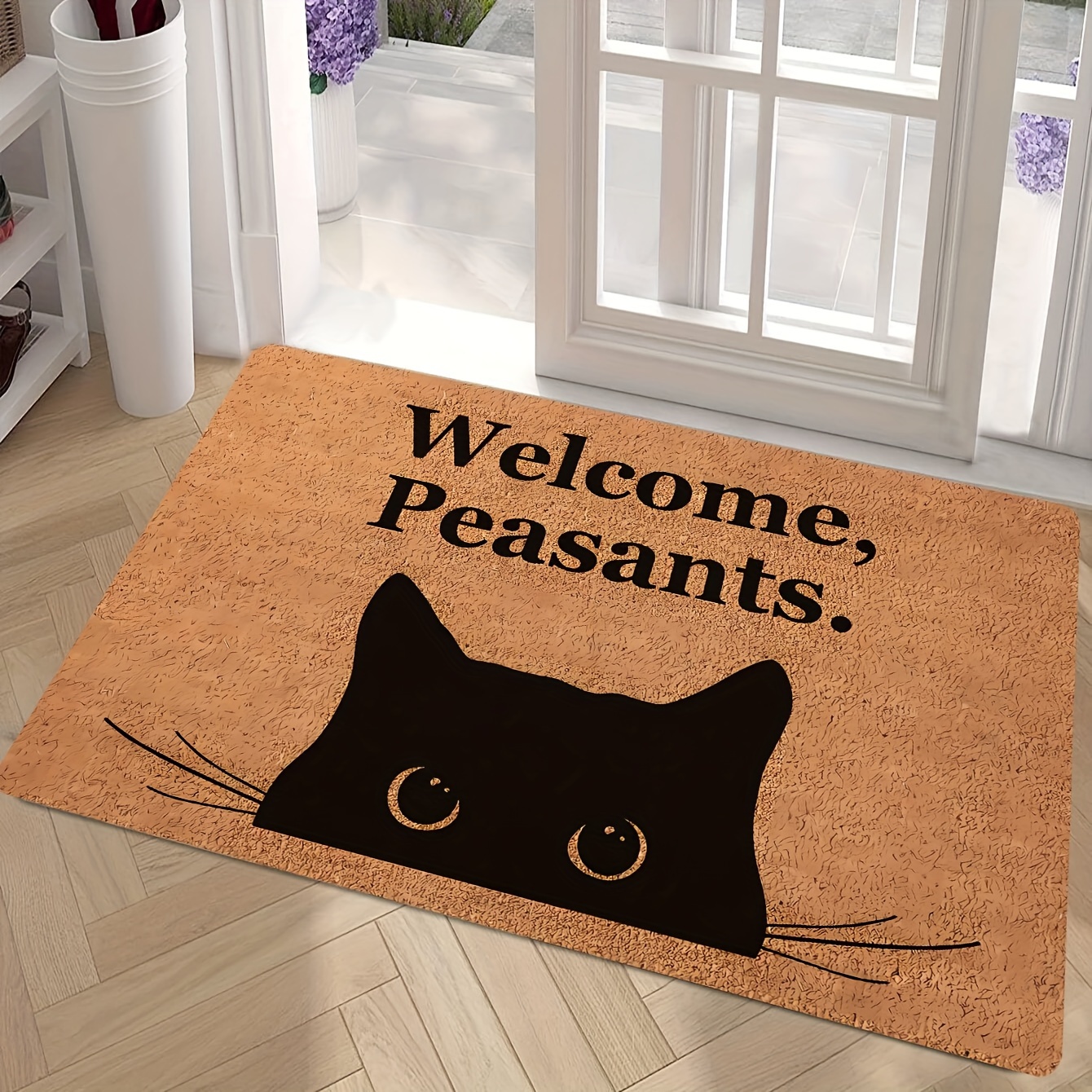 

Jit-1pcs Stain Resistant Welcome Peasants Black Cat Doormat – Easy-to-clean, Machine Washable, Low Pile, Rectangle Polyester Indoor Entrance Mat, Machine Made With Cat Design