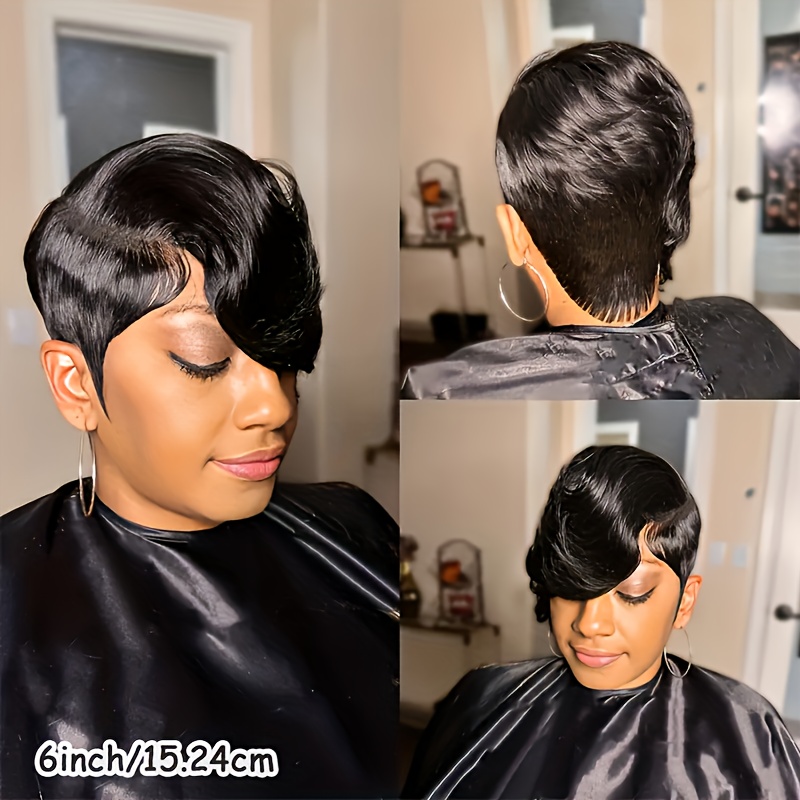 TEMU Women's 6-inch Short Cut Wig With Bangs - Straight Human Hair Suitable For Daily Wear, Glueless , 150% Density, & Look, No Glue Application For Beginners, Black Short Hairstyle For
