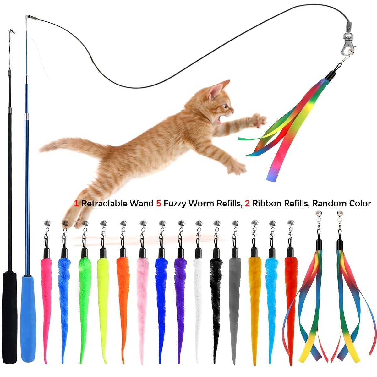 TEMU 8pcs/set Interactive Cat Toy Set, Cat Teaser Wand With 1 Retractable Wand, 5 Fuzzy Worm Refills, 2 Ribbon Refills, Random Color, Detachable Bell