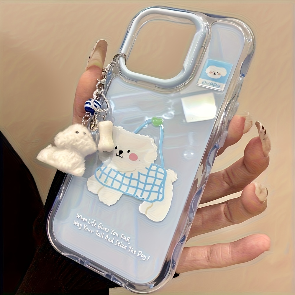 TEMU Phone Case - 1pc Cute Cartoon Style Grid Puppy Pendant Wave Jelly Phone Case, Suitable For Iphone 16/11/13/ Plus/15 Pro/15 Pro Max/12/14 Pro