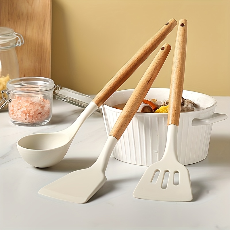 1 set silicone kitchen utensils with wooden handles non stick cookware accessories   spatula spoon whisk ladle turner and stand   heat resistant cooking tools for home kitchen details 9