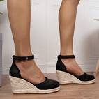 sandalias de cuña con correa en el tobillo para mujer, color negro, punta redonda y de cuerda - zapatos elegantes para vacaciones en , calzado de | correa delgada al tobillo | tejida de cuerda