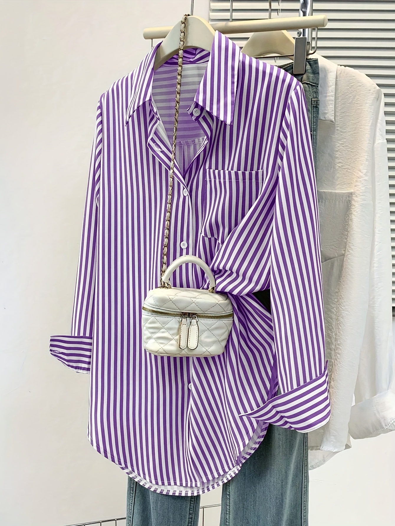 womens elegant striped button shirt with chest pocket long sleeve button up blouse for office casual attire vertical striation vertical stripes machine washable buttonshirt top no  