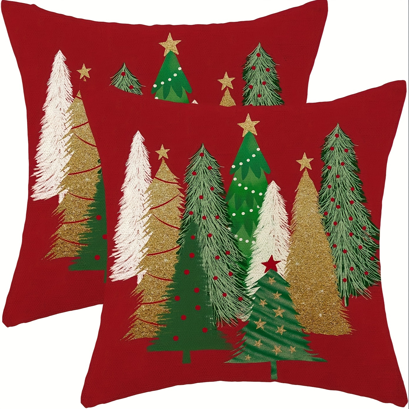 

2pcs Christmas Tree & Stars Pillow Covers - Linen Throw Pillow Cases For Decor, Farmhouse Style, Zip Closure, Machine Washable - 16x16/18x18/20x20